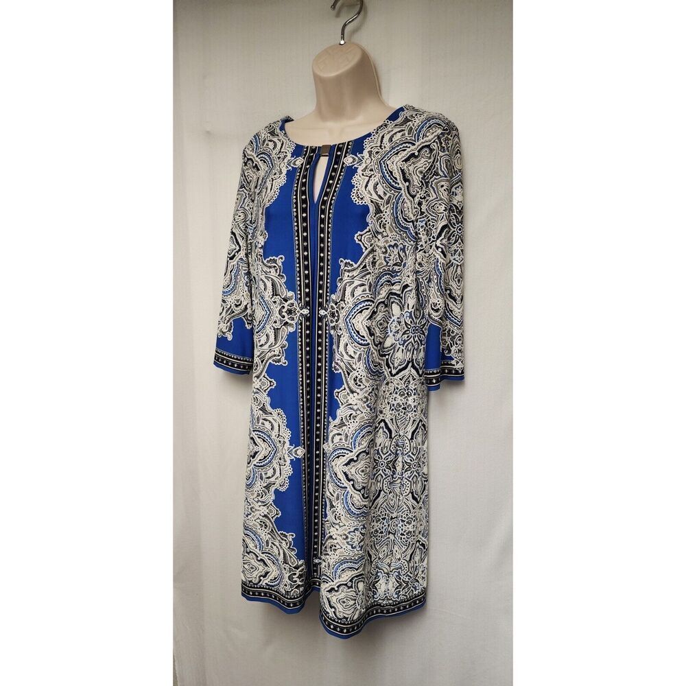 Studio One Shift Paisley Floral Stretch Dress Women Size Large Color Blue White - Picture 4 of 7